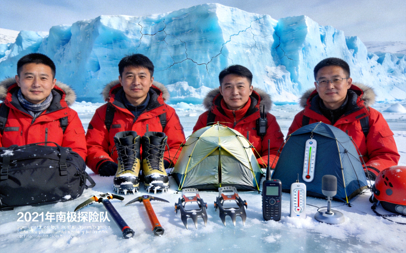 2021年南极探险队在冰川前的装备展示
